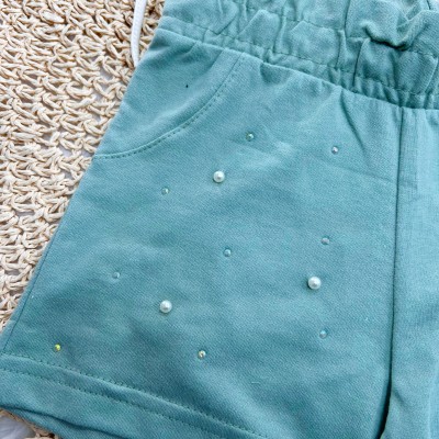  Conj. Blusa com Listras Coração e Short com Pérolas - Verde  